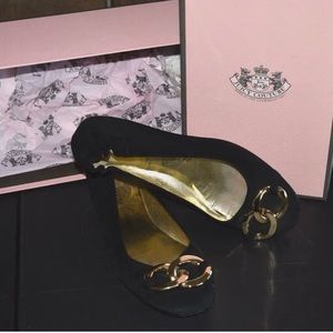 Y2K Juicy Couture Envy Black Suede Gold Rings Ballet Flats 7.5 in Box J150704